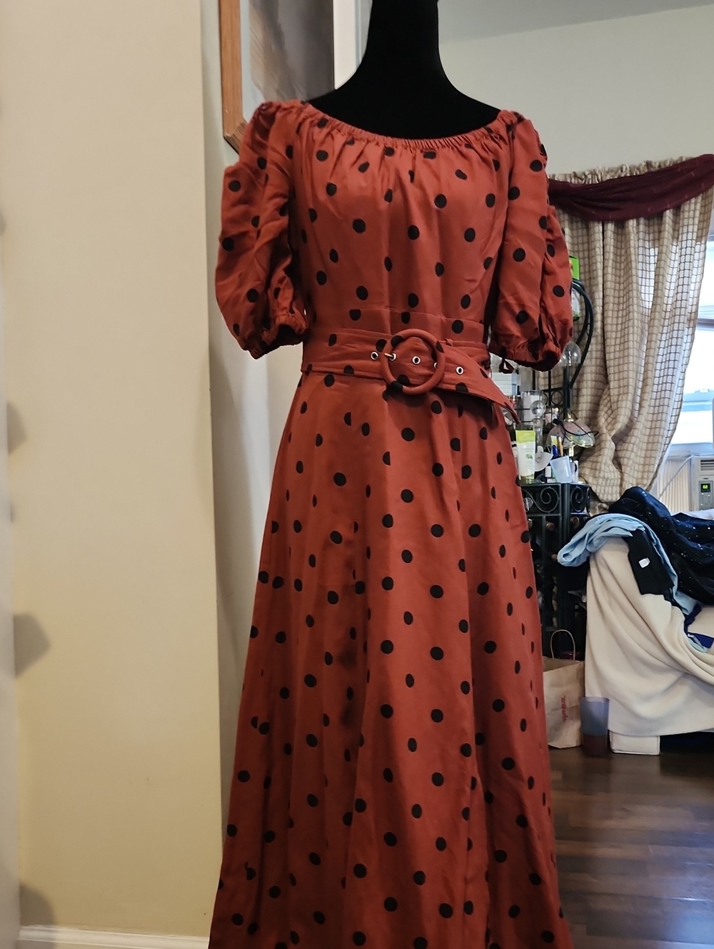 Anthropologie Rust Maxi Dress with Black Polka Dots
